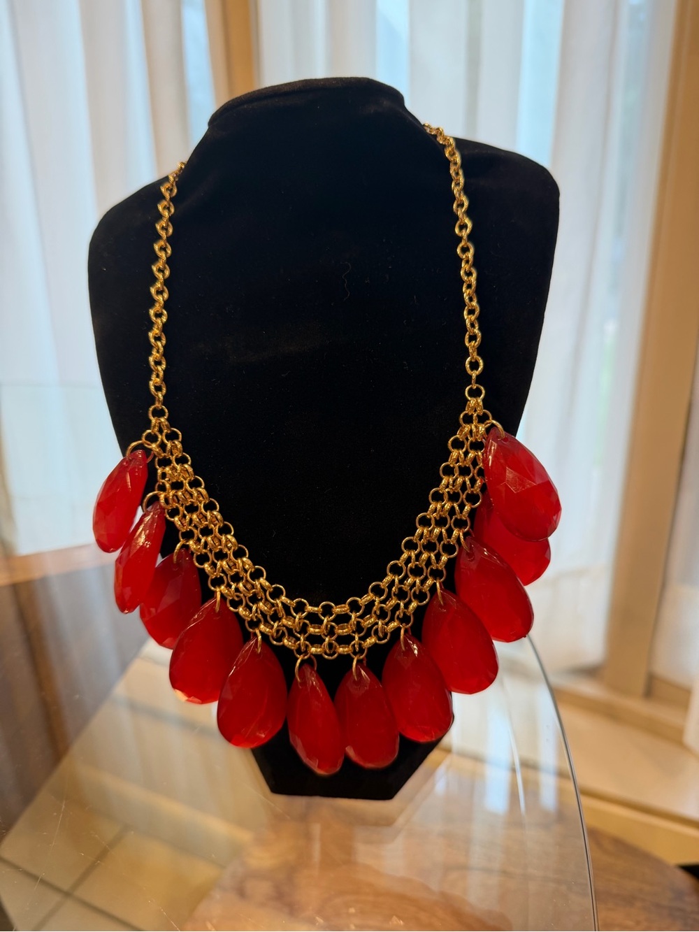Charming Charlie Gold-Tone Necklace with Red Teardrop Drops